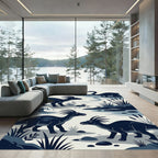 Minimalist Navy Dinosaur Landscape Scene Rug