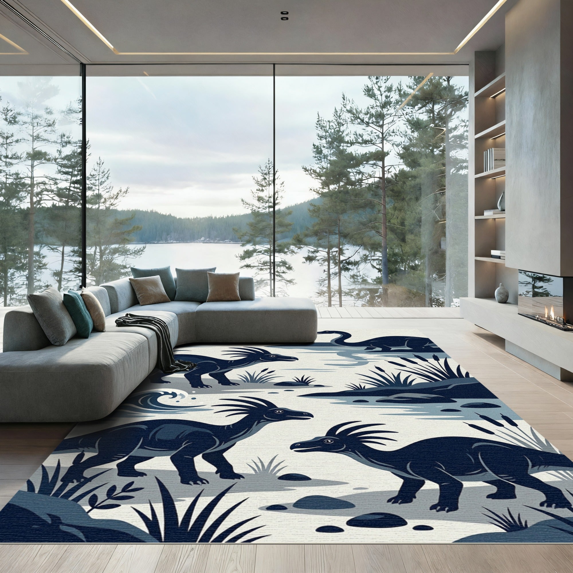 Minimalist Navy Dinosaur Landscape Scene Rug