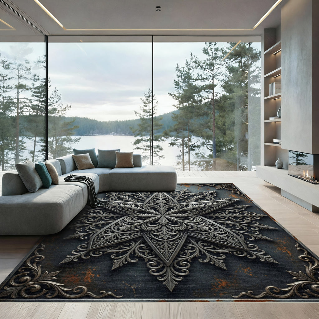 Ornate Silver Star Aged Iron Medallion Rug