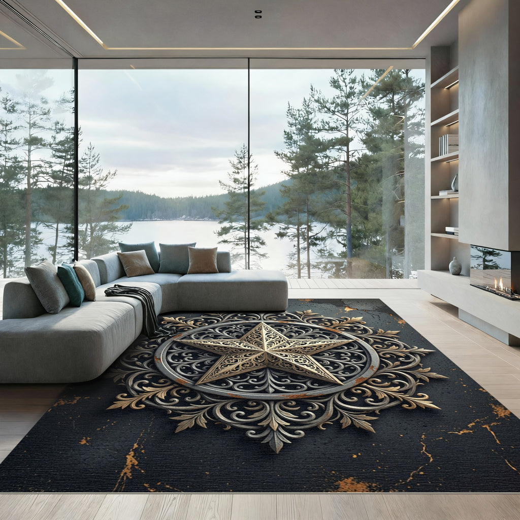 Ornate Golden Star Filigree Medallion Rug