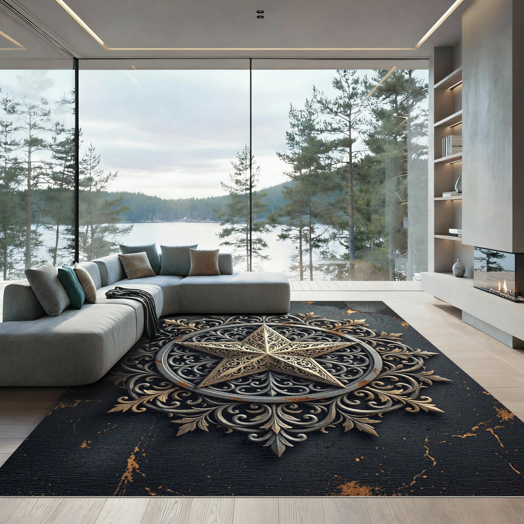 Ornate Golden Star Filigree Medallion Rug
