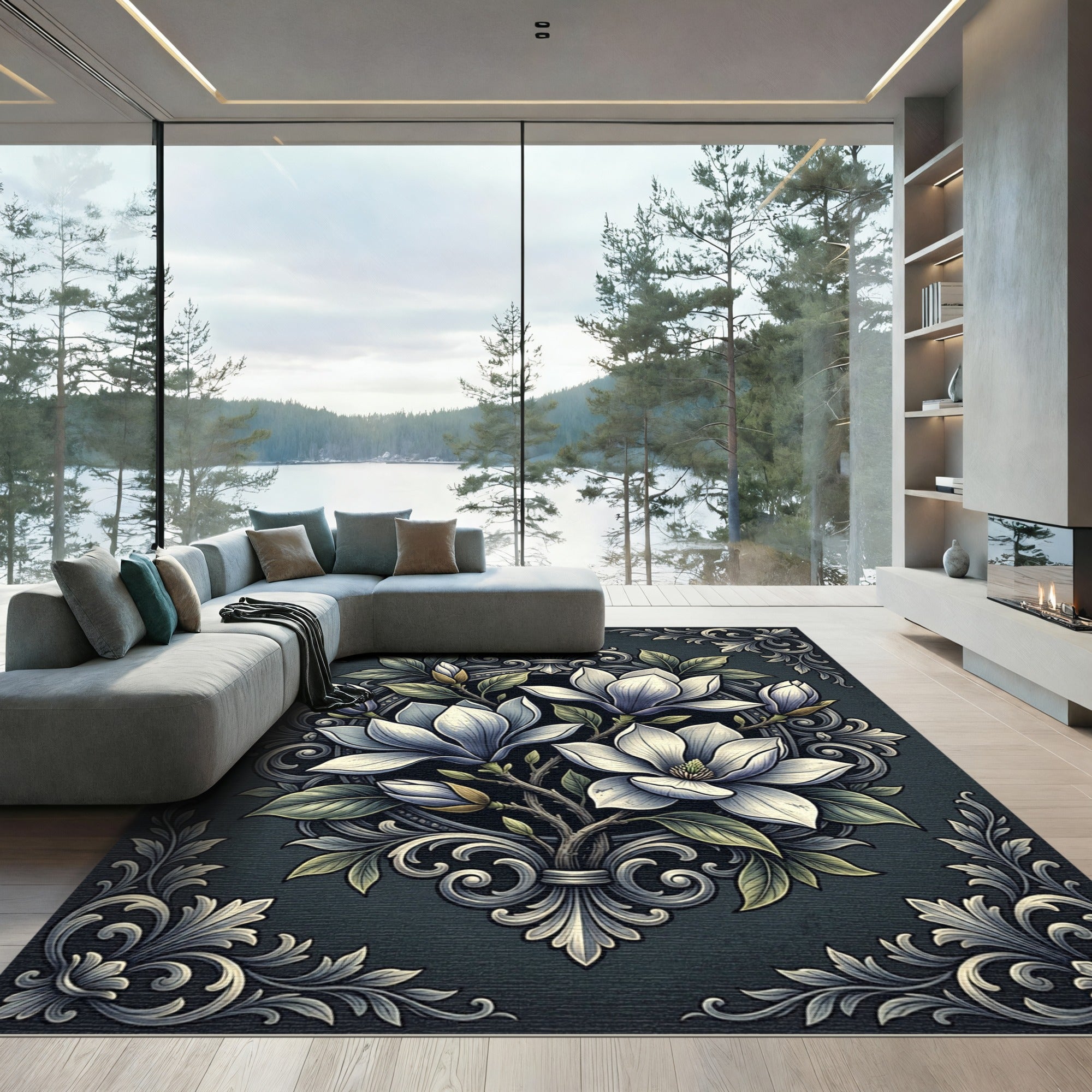 Elegant Charcoal Magnolia Floral Medallion Rug