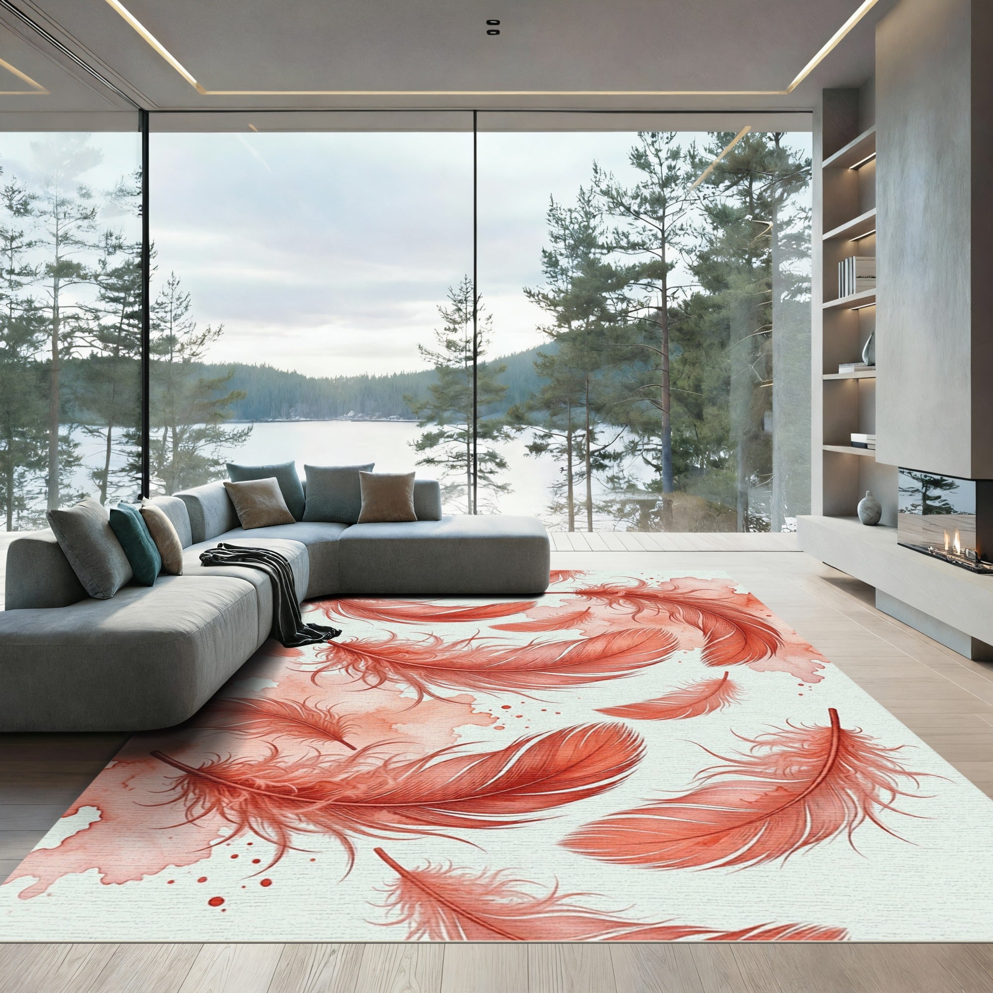 Floating Coral Feather Watercolor Art Rug