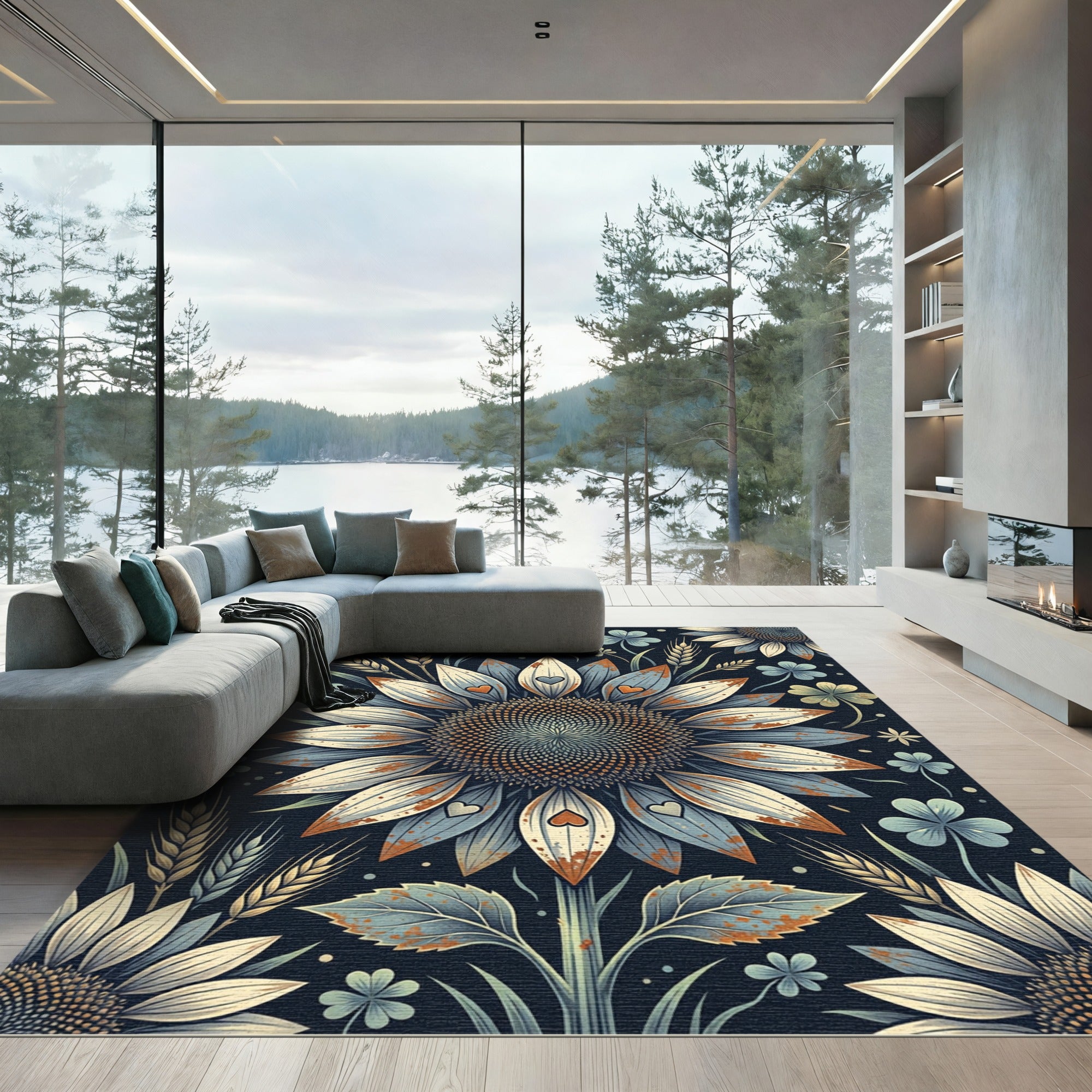 Rustic Sunflower Wheat and Clover Medallion Rug