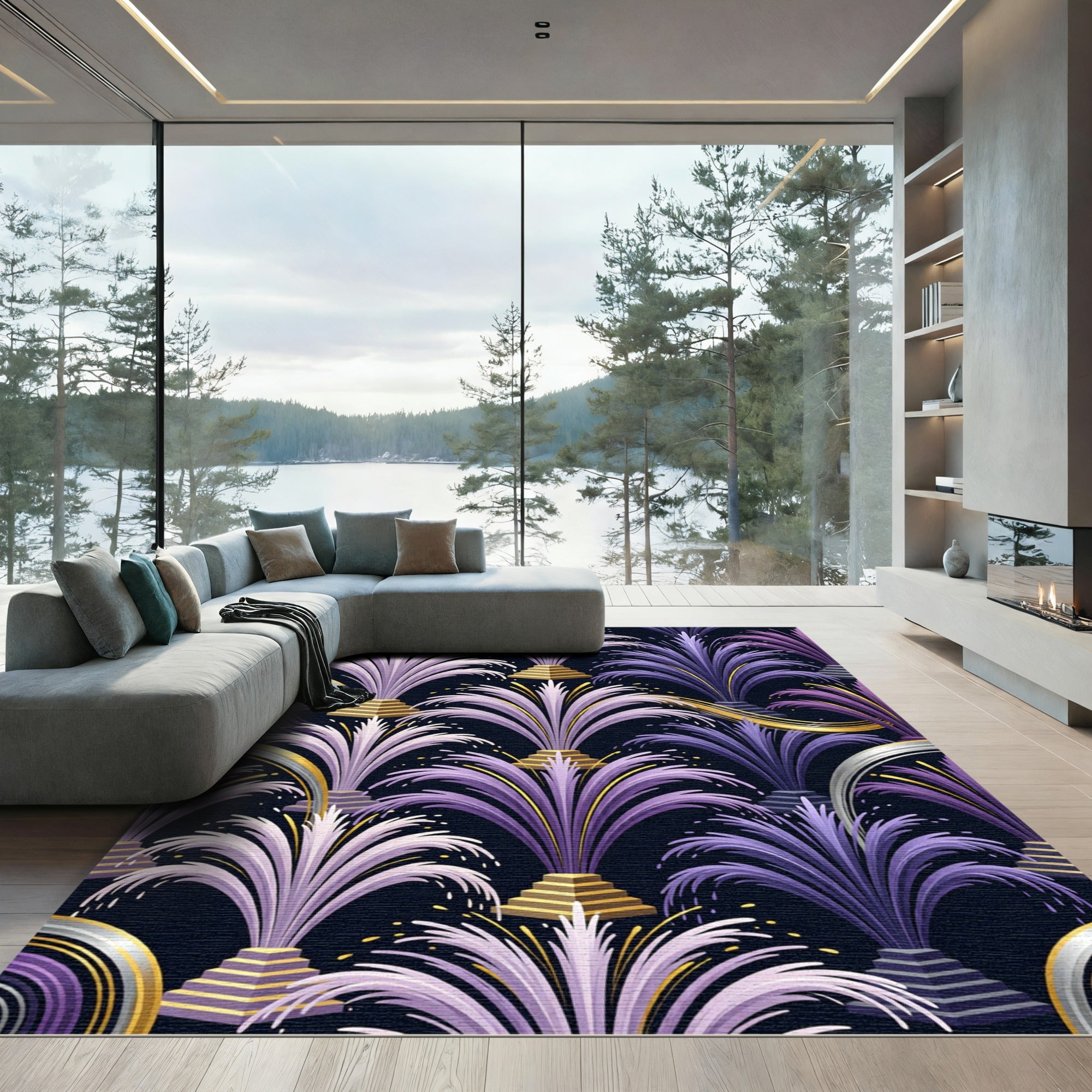 Art Deco Purple Golden Fountain Cascade Rug
