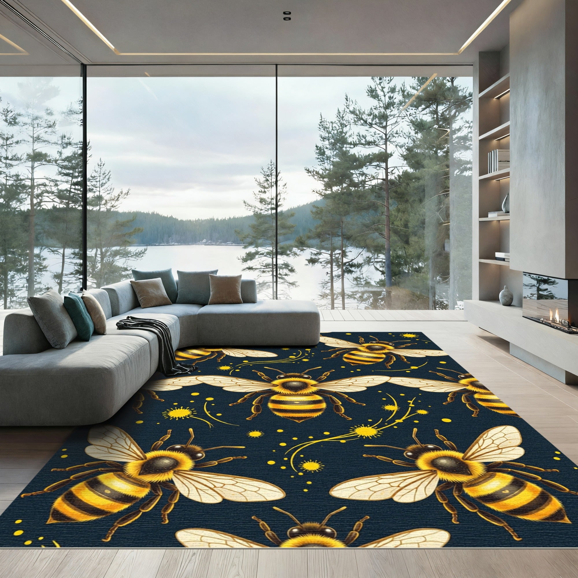 Golden Honeybee Navy Minimalist Art Rug