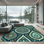 Teal Gold Paisley Floral Damask Rug