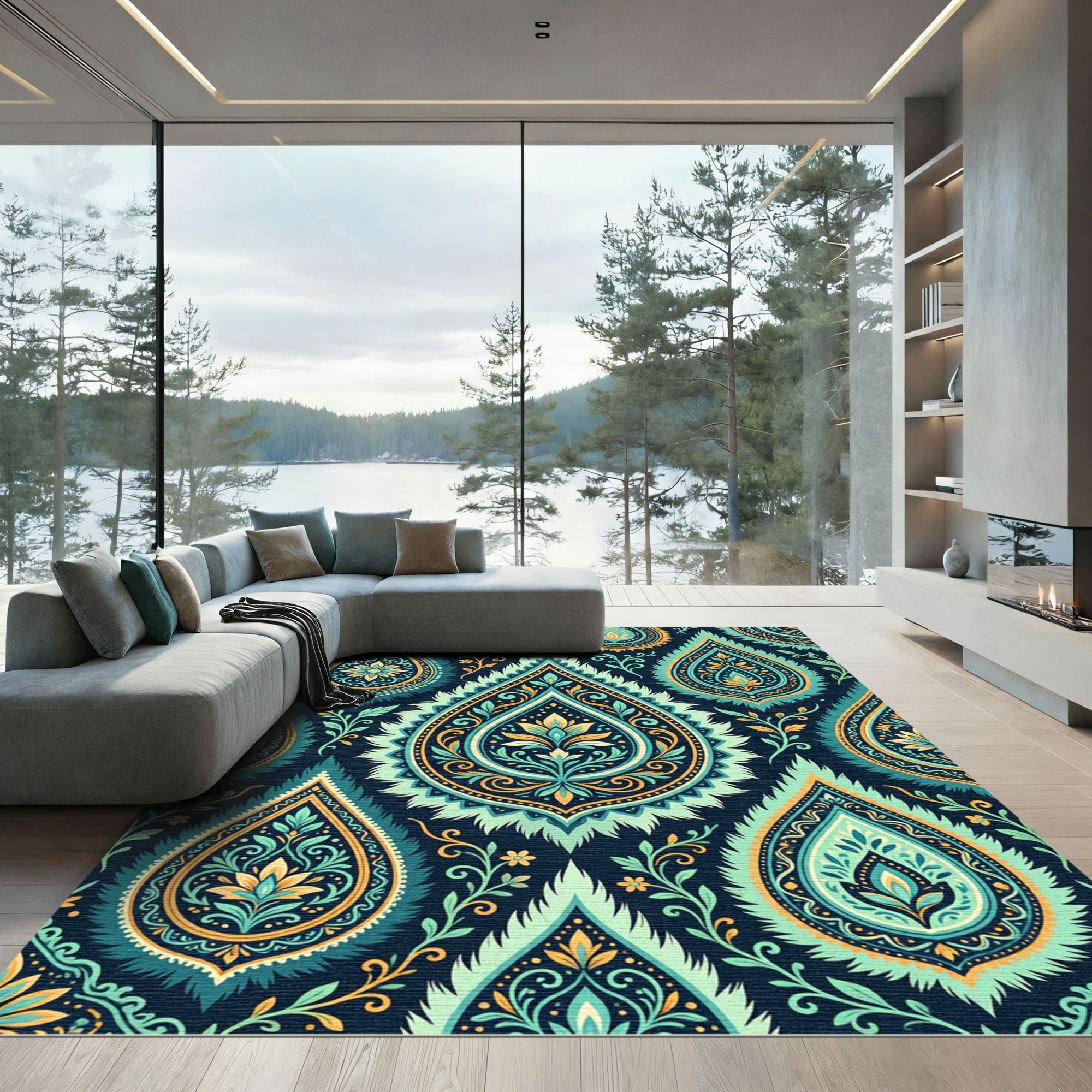 Teal Gold Paisley Floral Damask Rug
