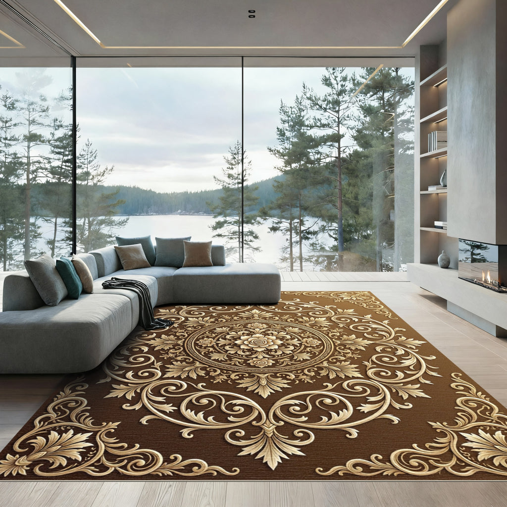 Ornate Gold Floral Medallion Chocolate Rug