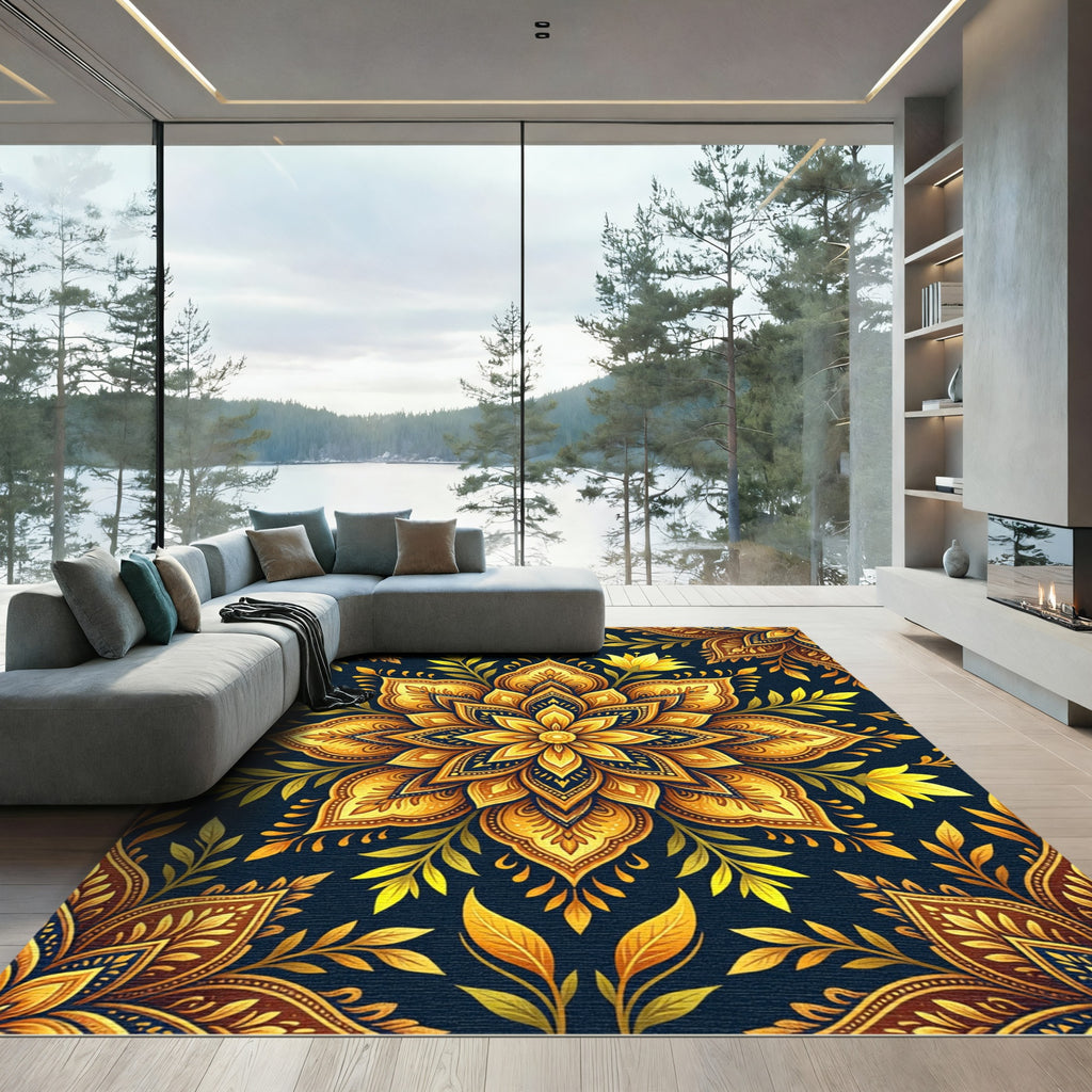 Golden Floral Mandala with Dark Navy Rug