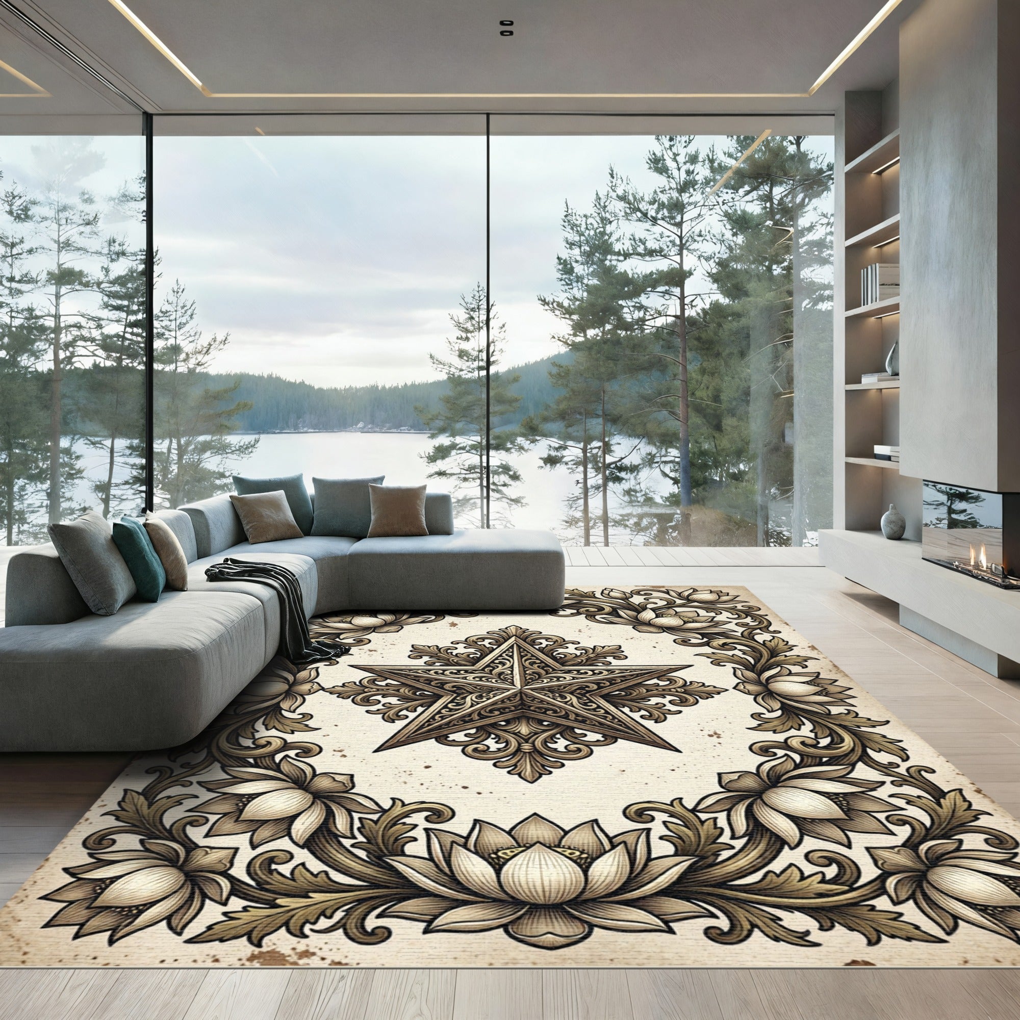 Ornate Bronze Lotus Star Medallion Rug