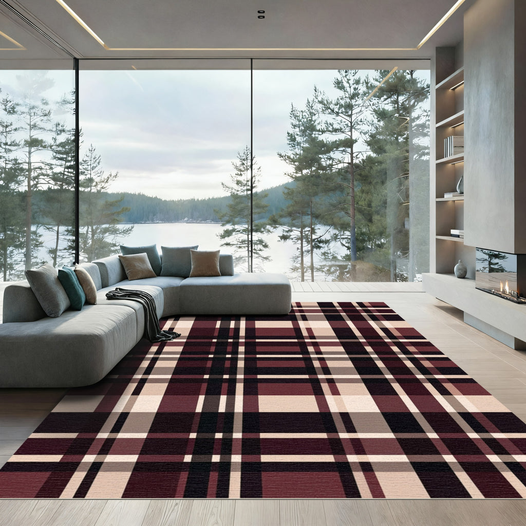 Deep Burgundy Cream Plaid Harmony Rug