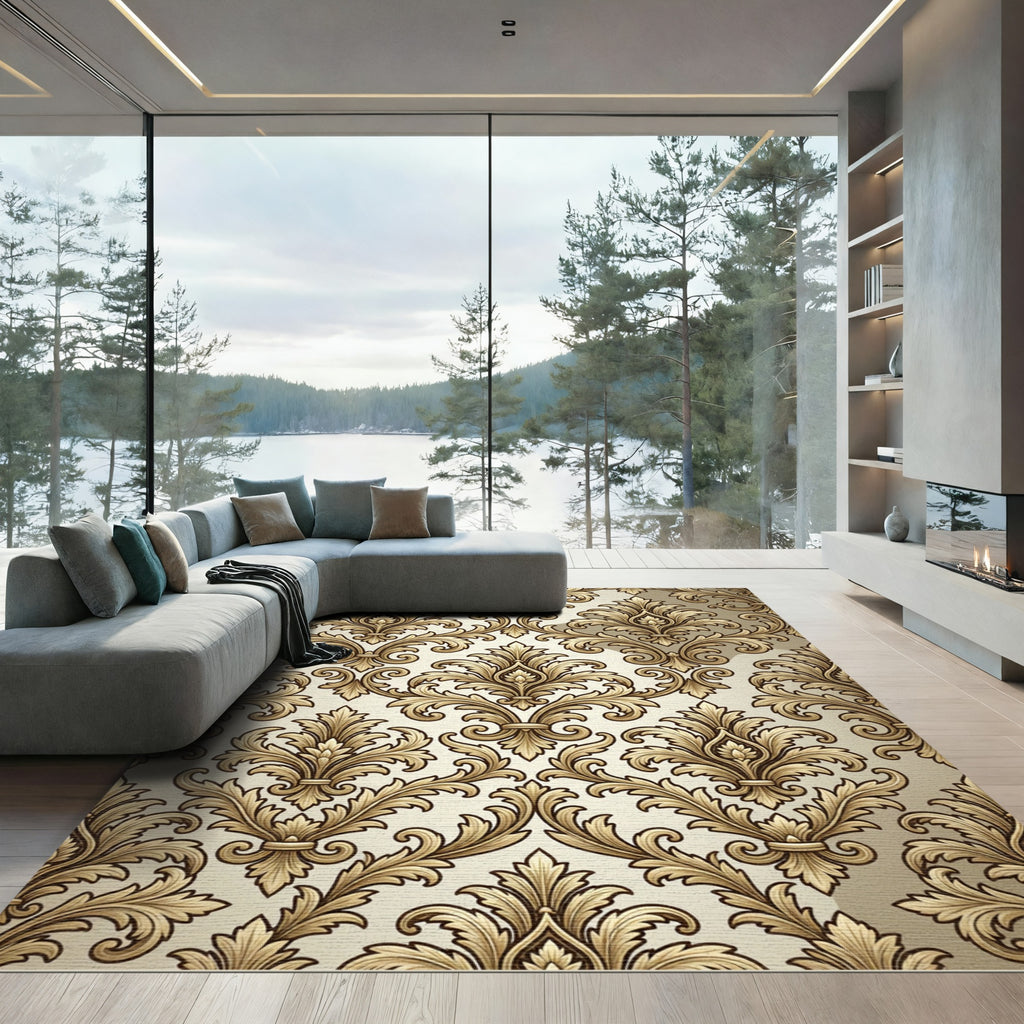 Golden Baroque Damask Scroll Filigree Rug
