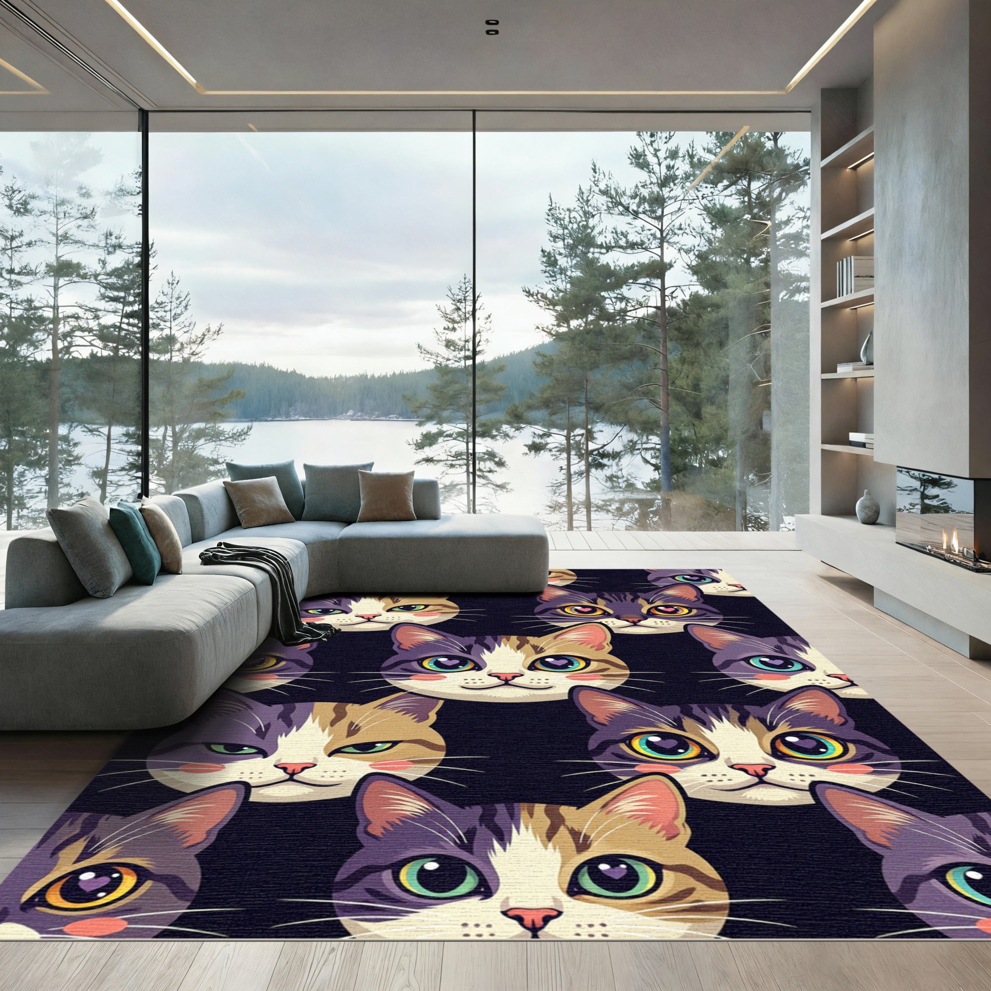 Whimsical Colorful Cat Face Medley Rug