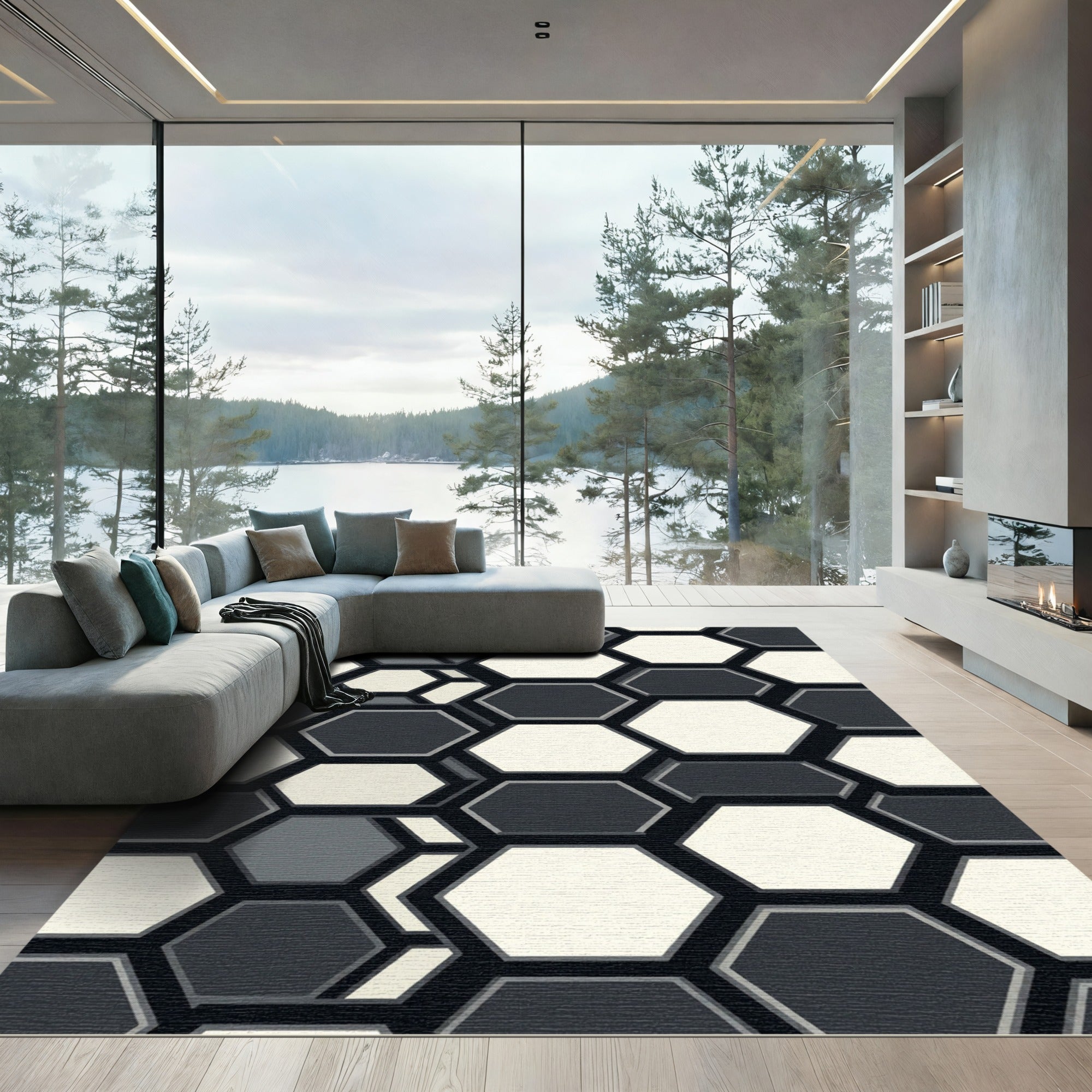 Modern Monochrome Geometric Hexagon Abstract Rug