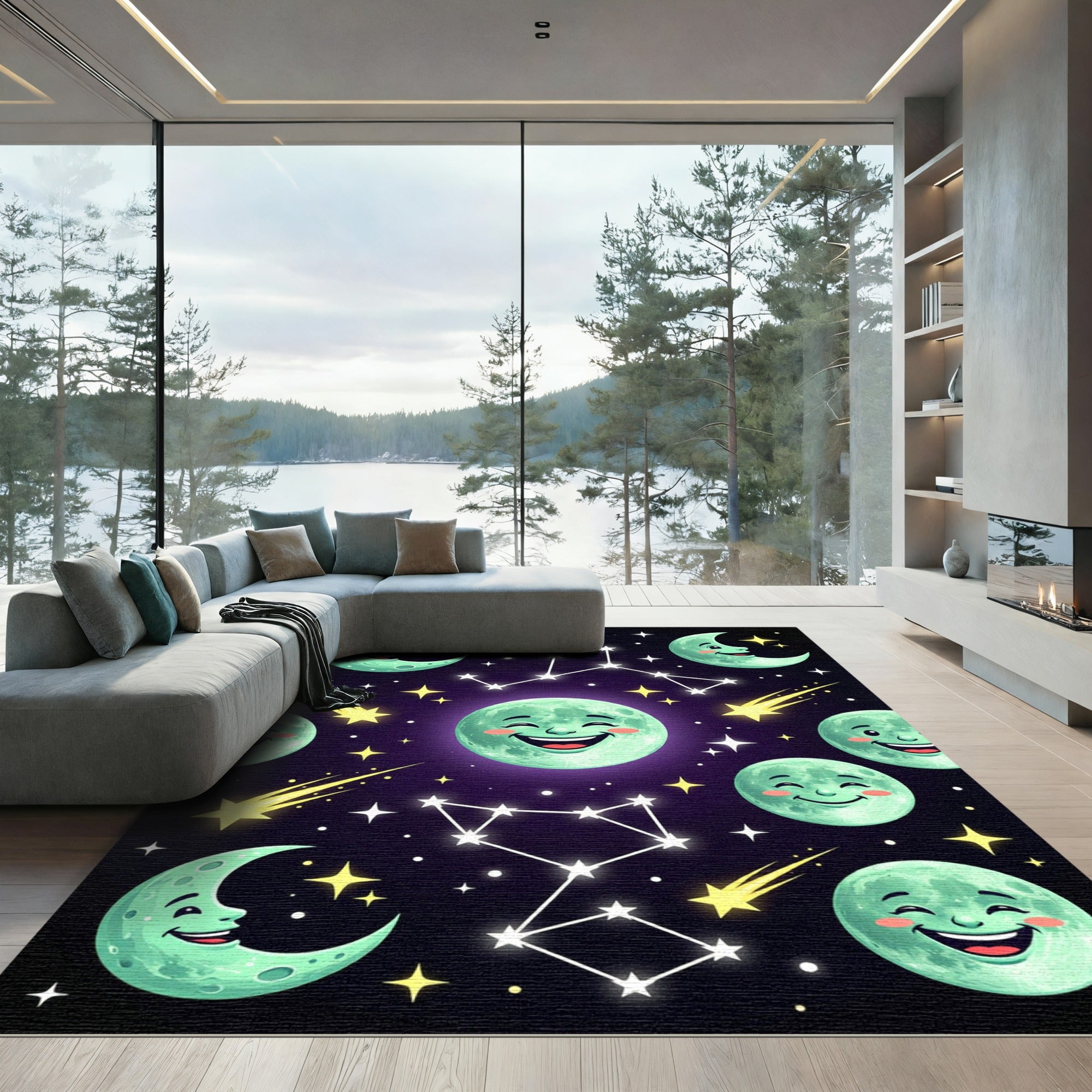 Whimsical Mint Moon Stars Constellation Rug