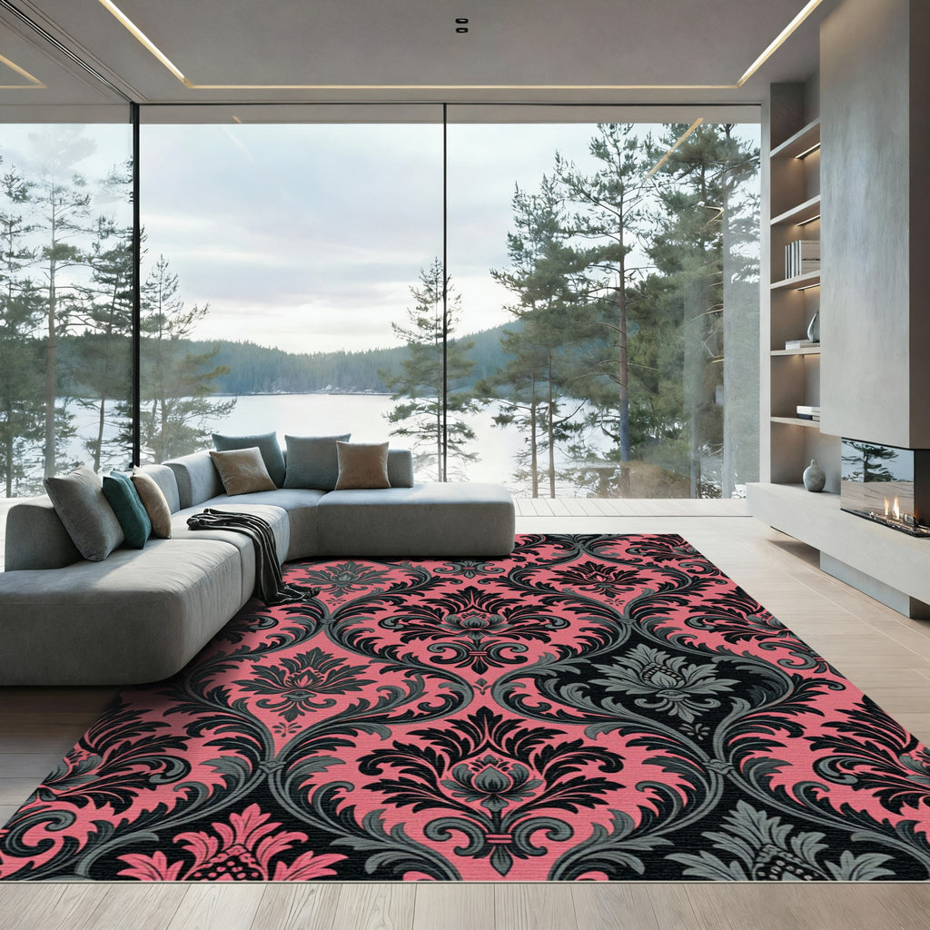 Dark Coral Damask Victorian Scroll Rug