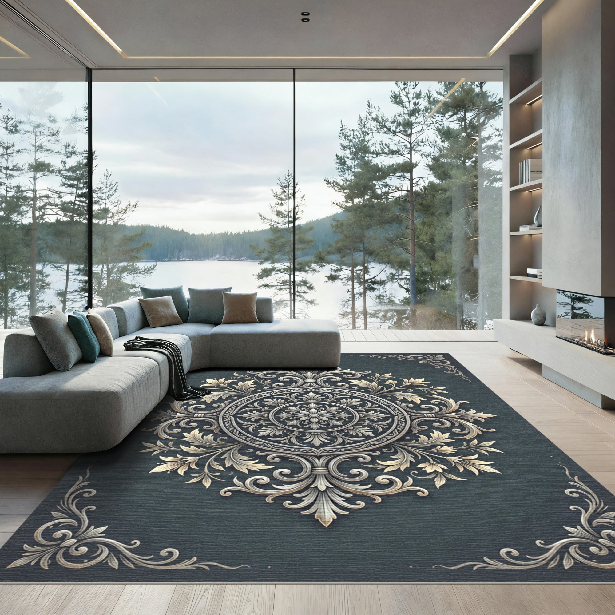 Elegant Slate Gray Filigree Medallion Rug