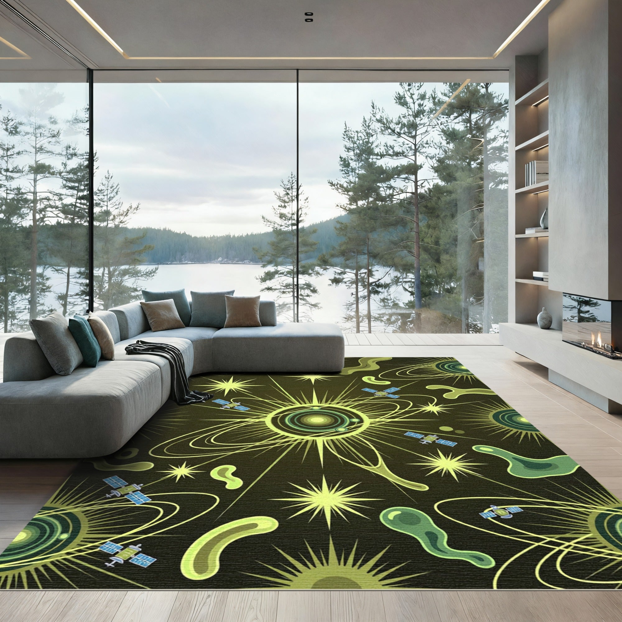 Cosmic Yellow Green Satellite Swirls Rug