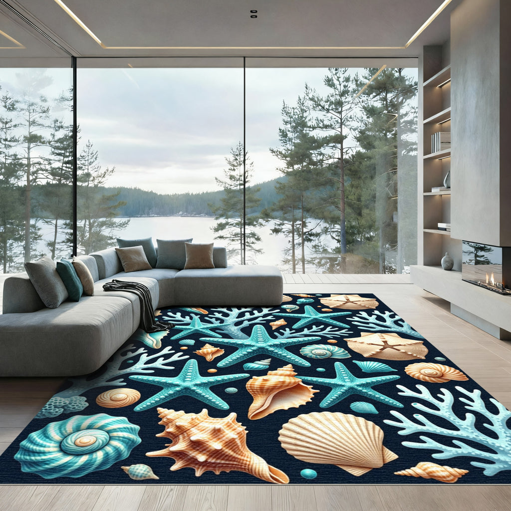 Teal Starfish Coral Shell Medley Rug