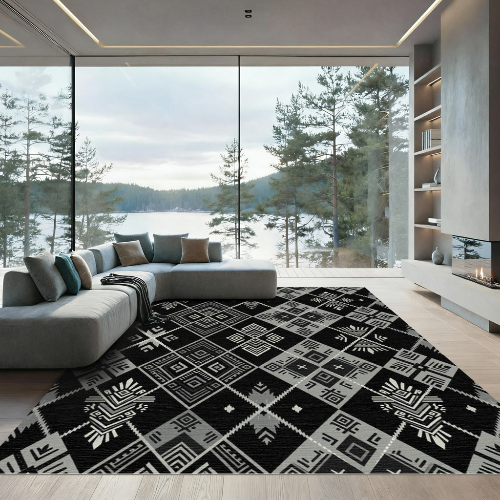 Bold Black Tribal Diamond Rug