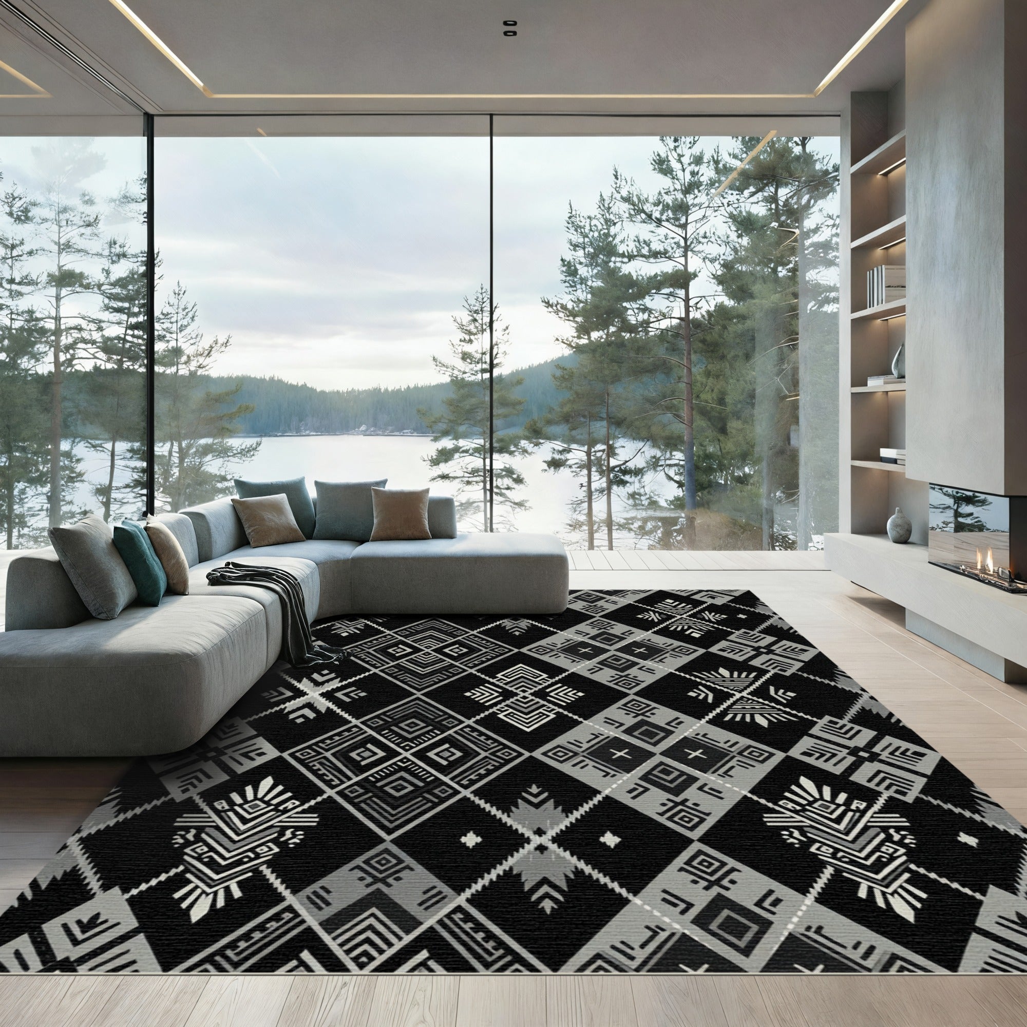 Bold Black Tribal Diamond Rug