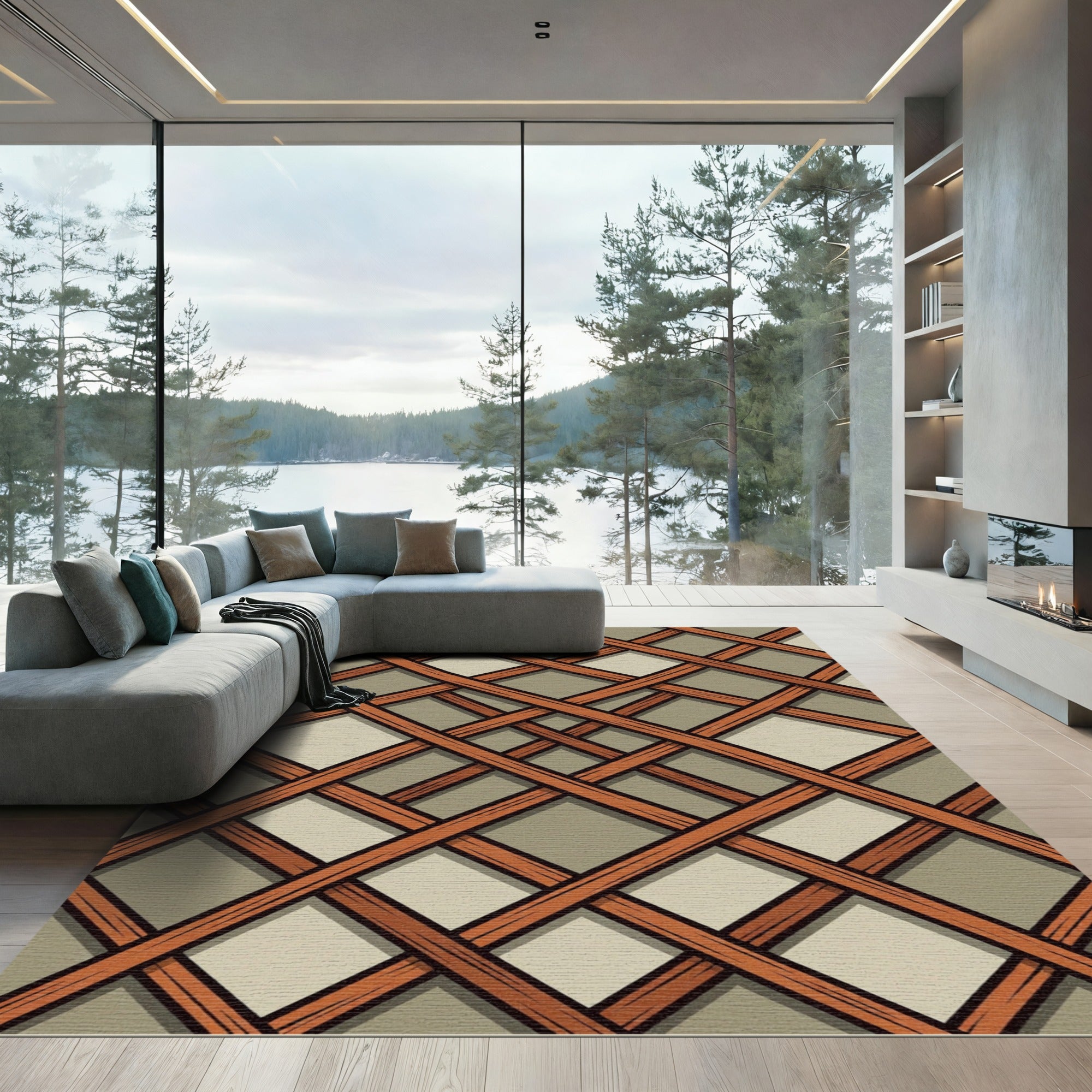 Geometric Burnt Orange Lattice Grid Rug