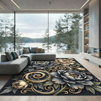 Elegant Midnight Floral Gold Swirl Rug