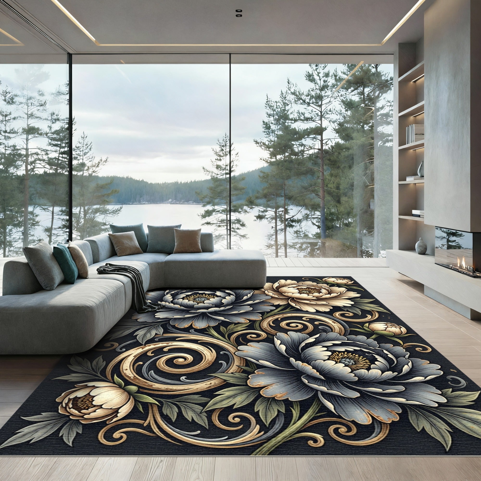 Elegant Midnight Floral Gold Swirl Rug