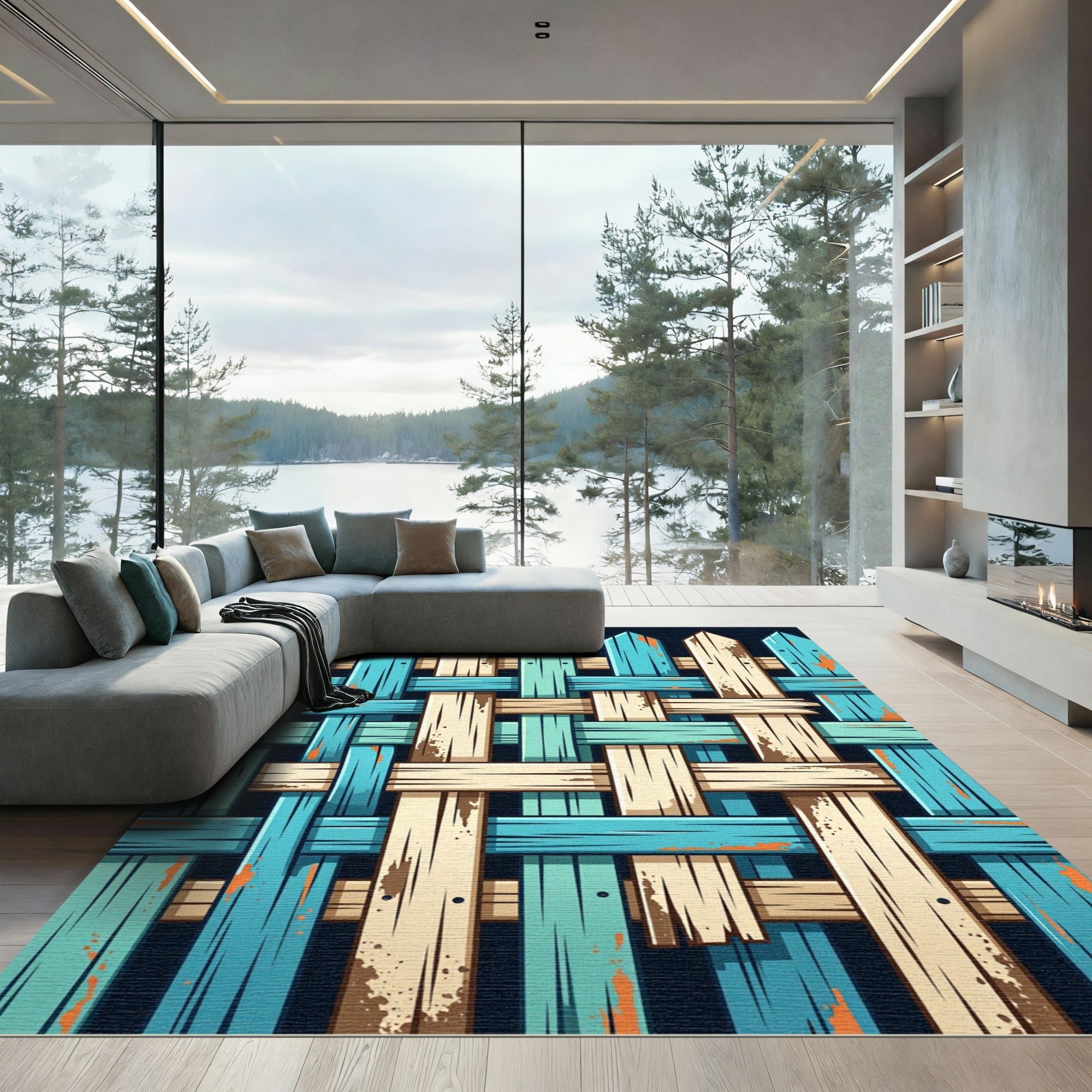 Rustic Teal and Cream Woven Fence Rug