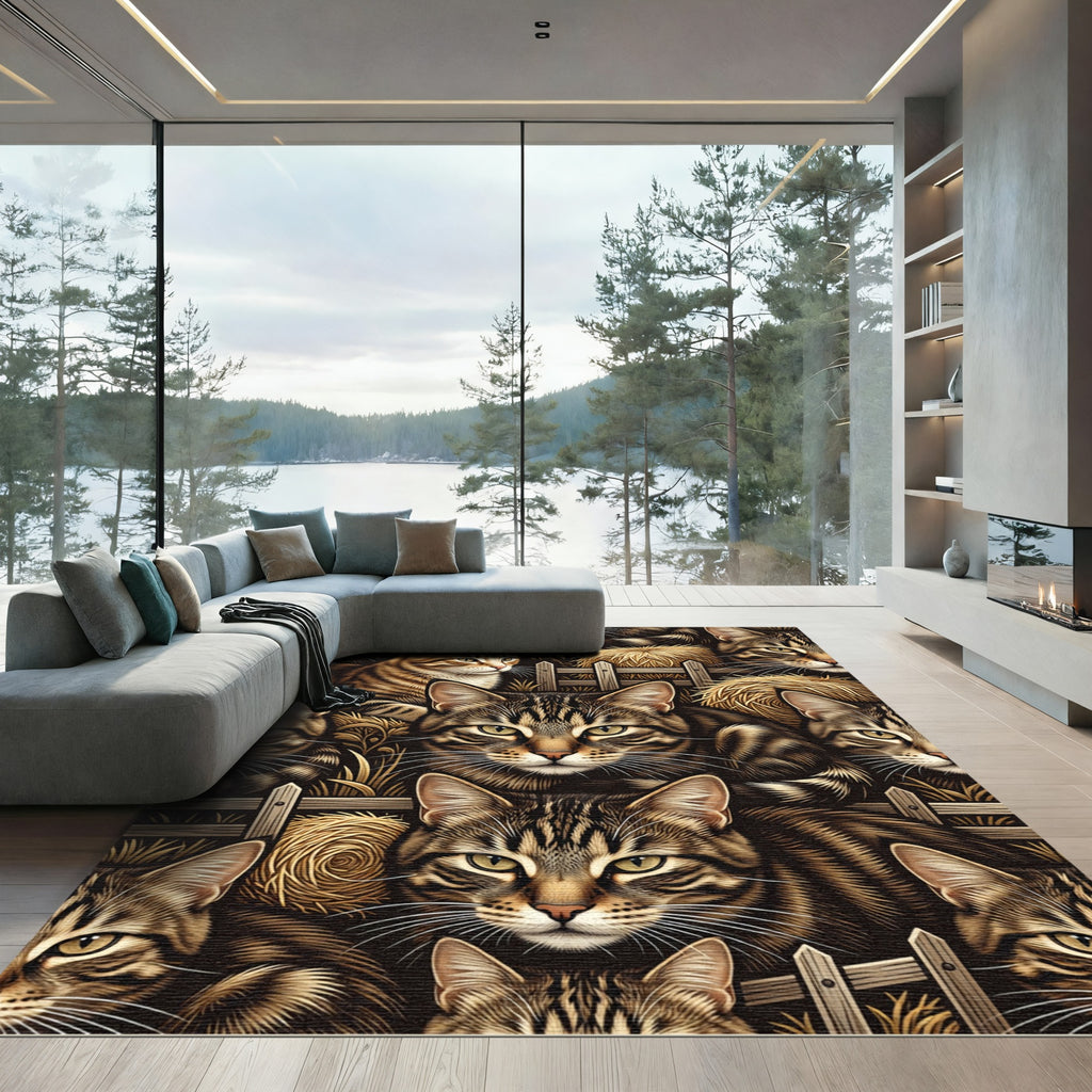 Whimsical Tabby Cat Farm Fence Rug