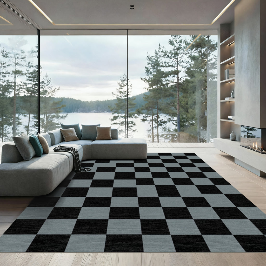 Minimalist Charcoal Grey Checkerboard Grid Rug