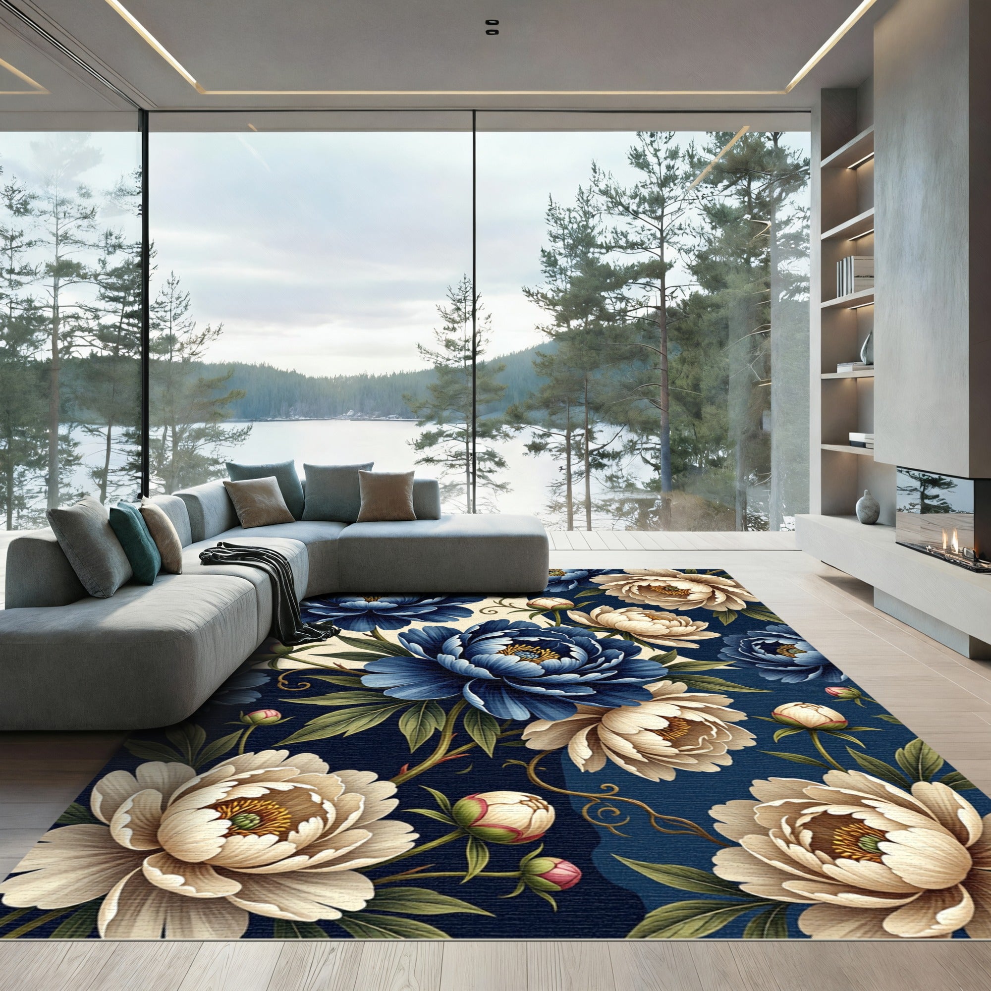 Navy and Cream Peony Floral Bloom Rug