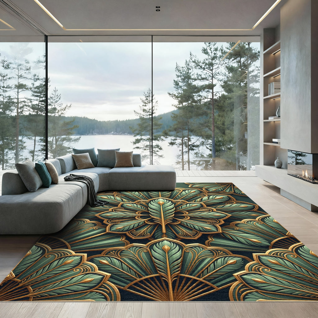 Emerald Gold Feathered Fan Mandala Rug