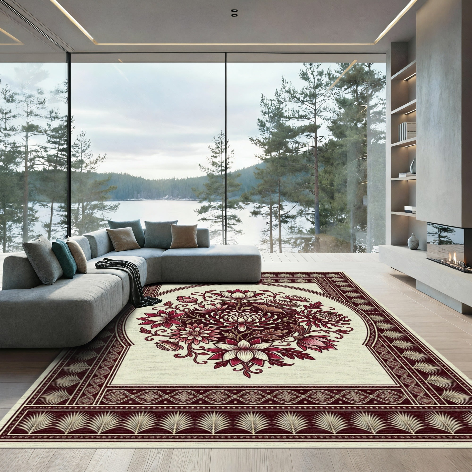 Deep Crimson Lotus Chrysanthemum Medallion Rug