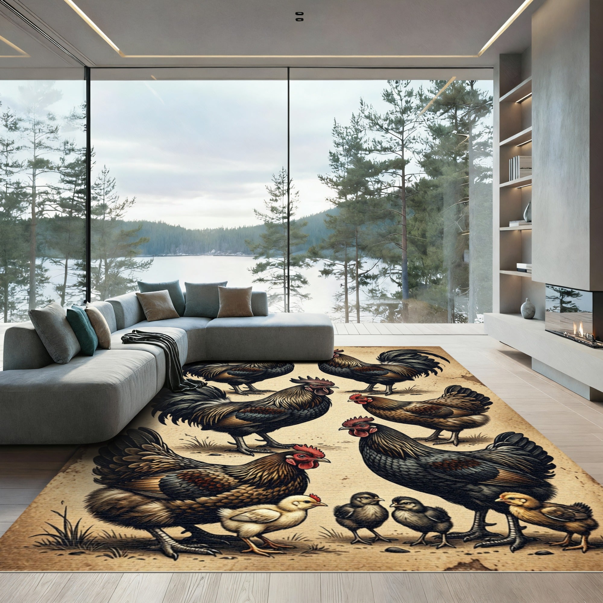 Vintage Farmhouse Rooster Ensemble Illustration Rug