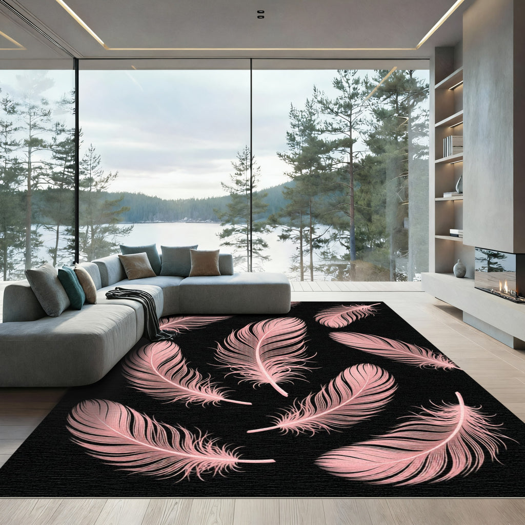 Elegant Blush Pink Floating Feather Art Rug