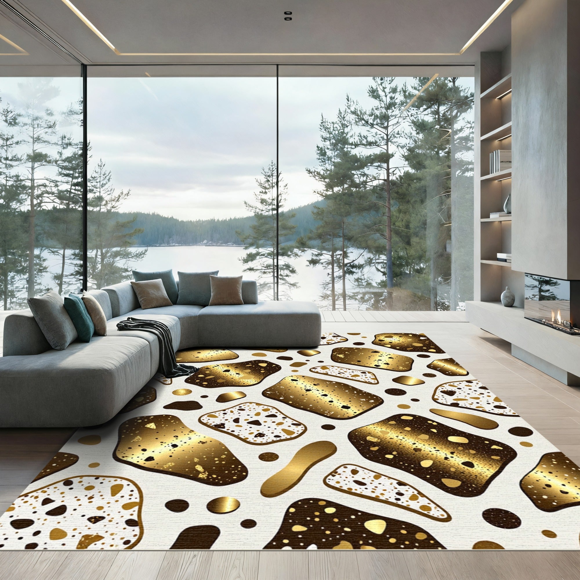 Gold Speckled Abstract Pebble Collage Rug