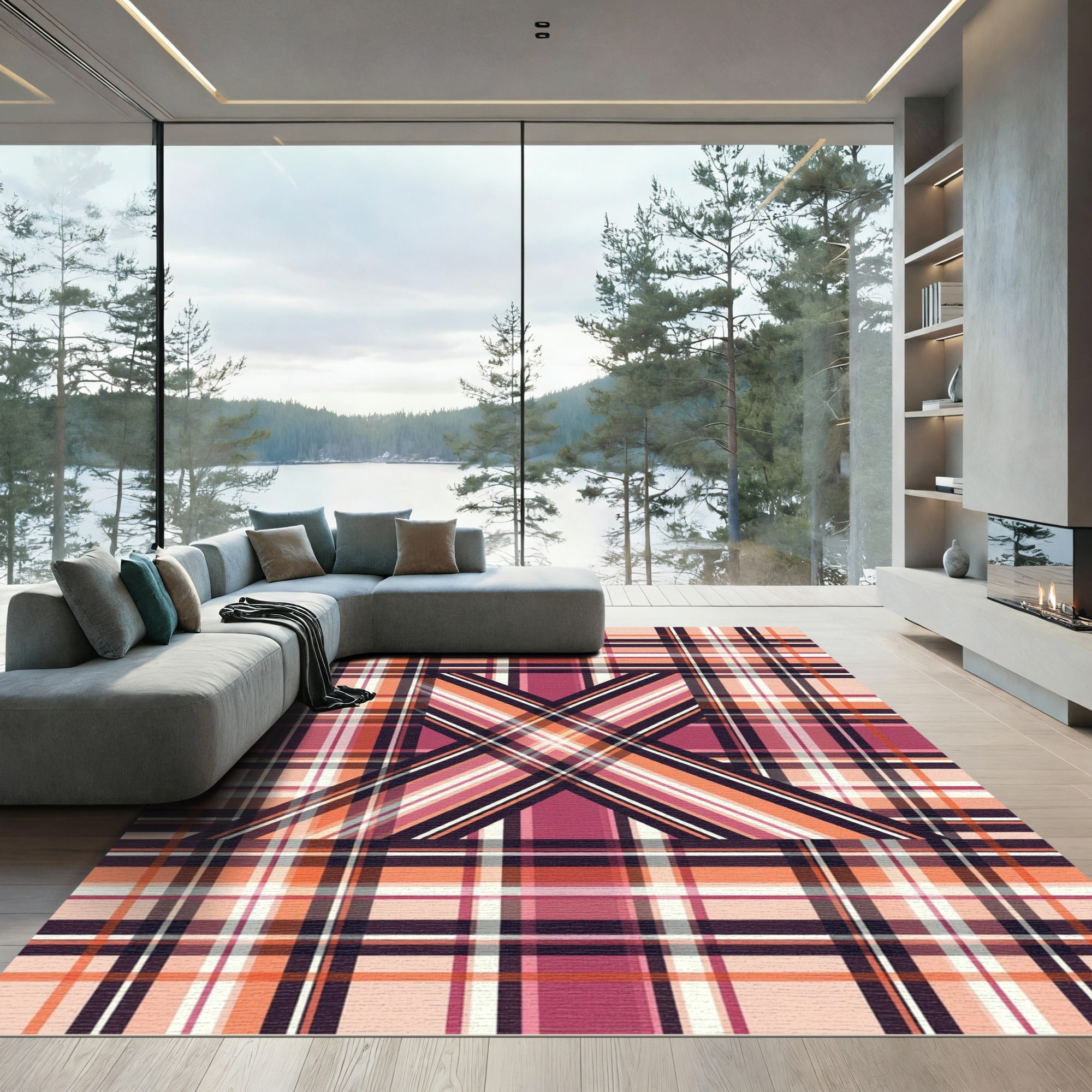 Abstract Peach and Magenta Plaid Rug