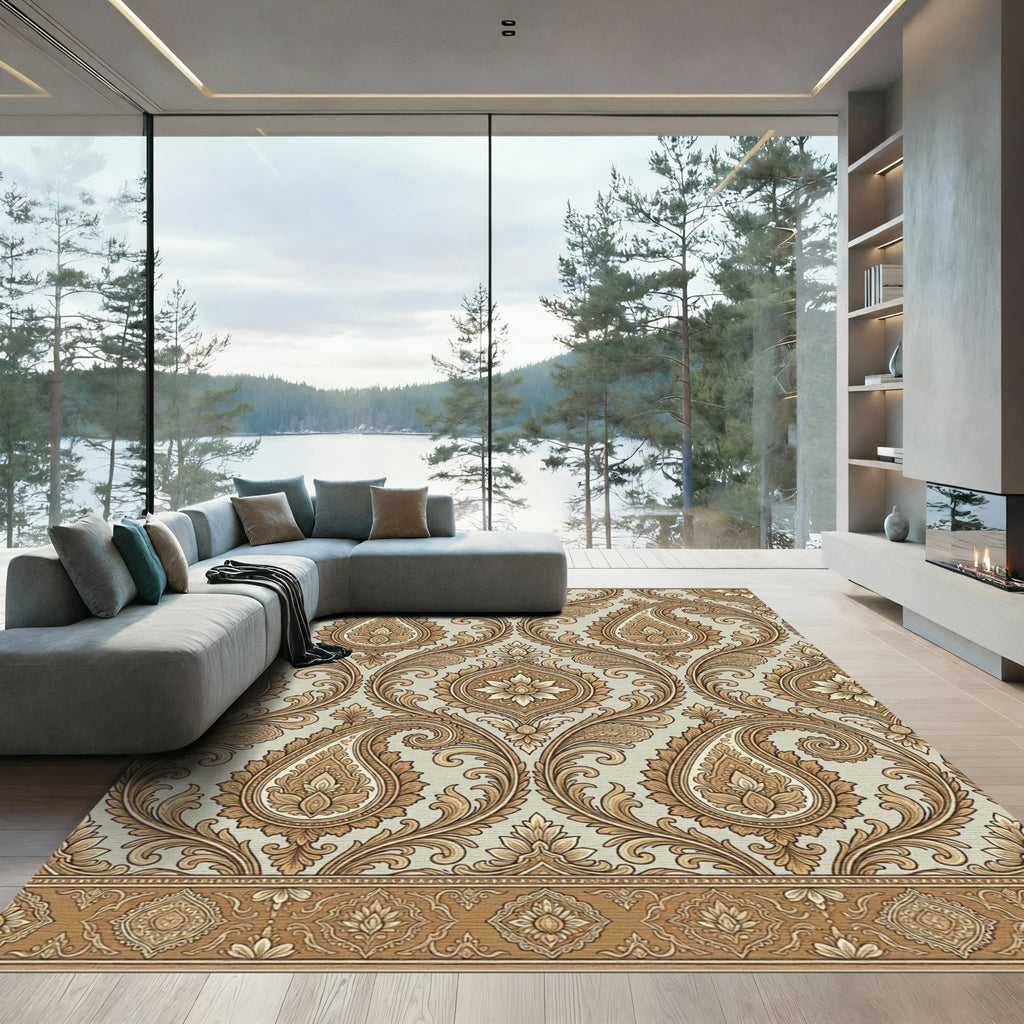 Golden Paisley Floral Scrolling Vine Rug