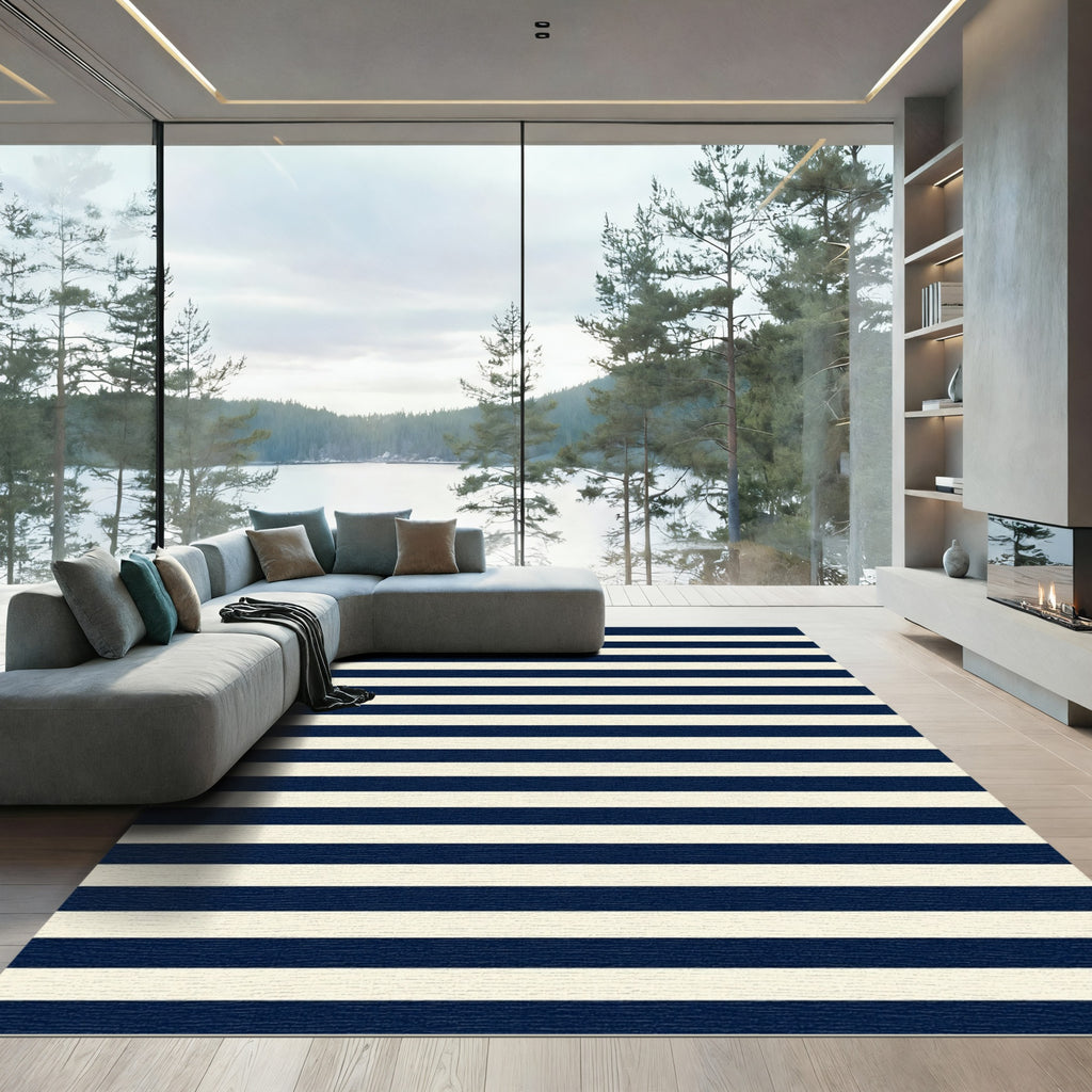 Classic Navy Blue and Cream Striped Rug