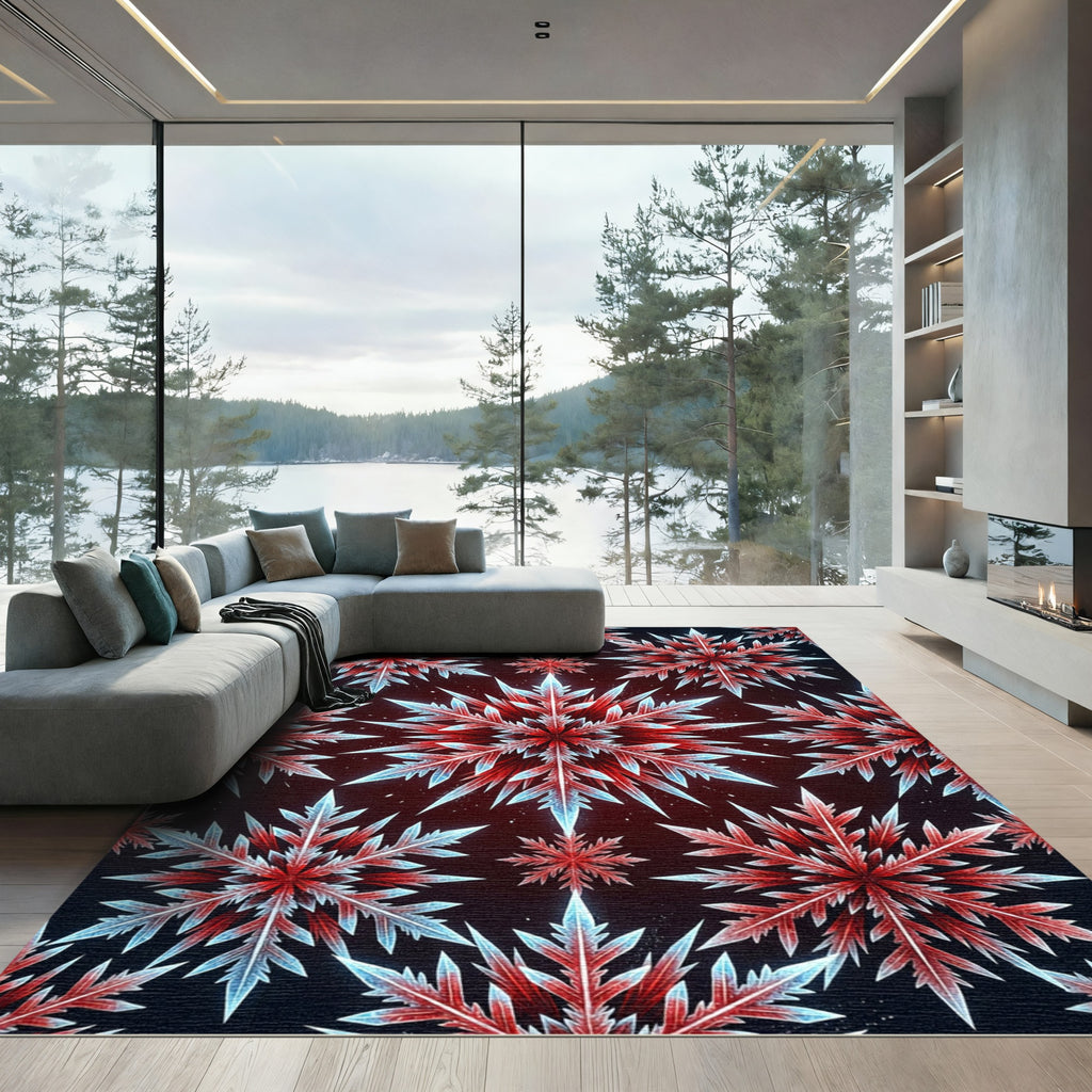 Crimson White Icy Snowflake Repeat Rug