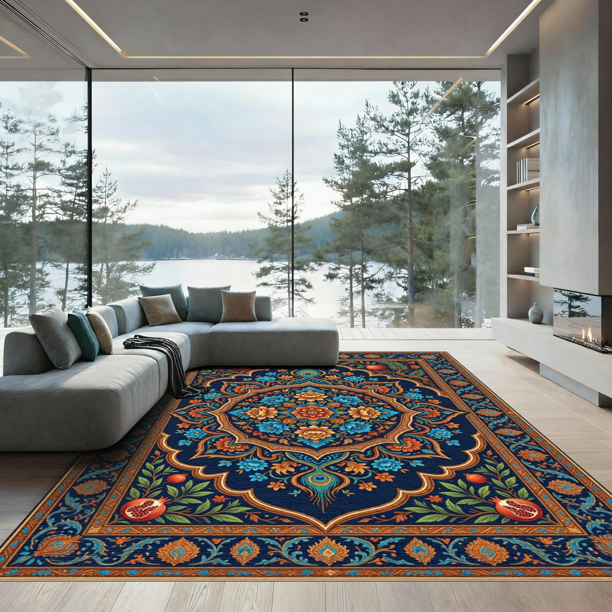 Deep Blue Pomegranate Floral Medallion Rug