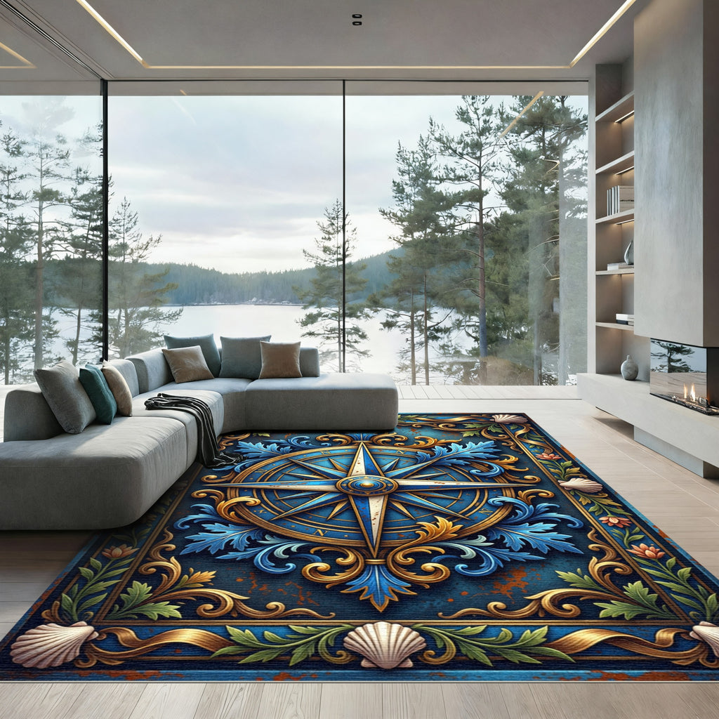 Ornate Navy Nautical Compass Shell Accent Rug