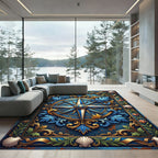 Ornate Navy Nautical Compass Shell Accent Rug