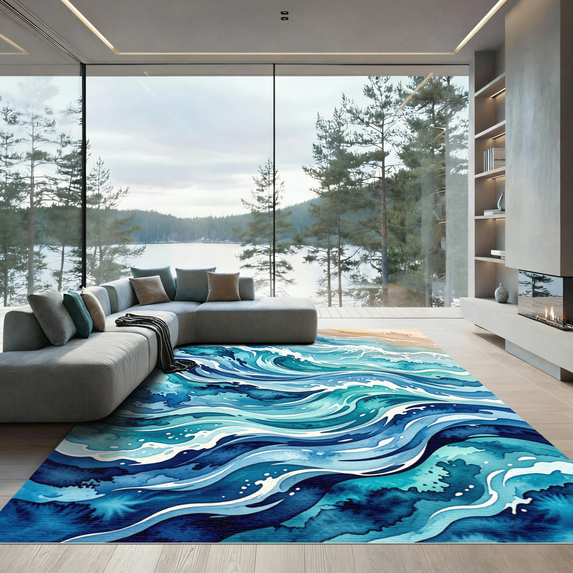 Ocean Waves Watercolor Artistic Render Rug