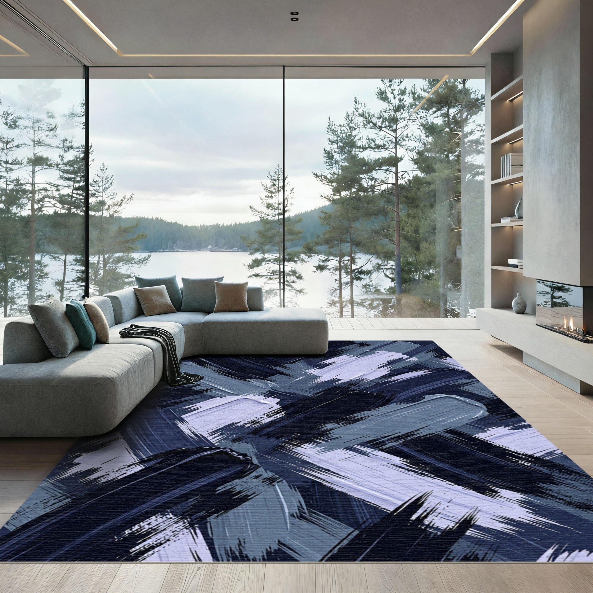 Abstract Navy and Periwinkle Brushstroke Rug