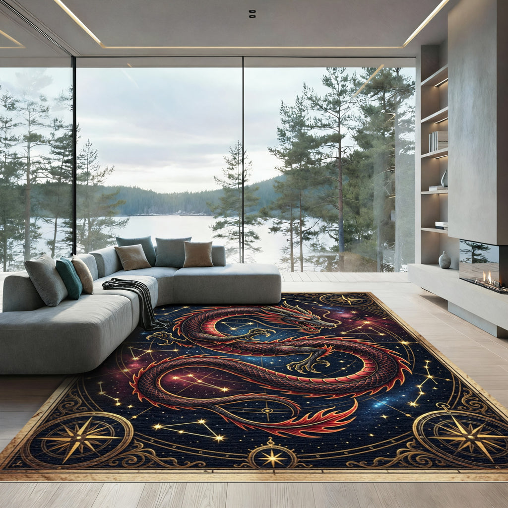 Celestial Crimson Dragon Starry Night Rug