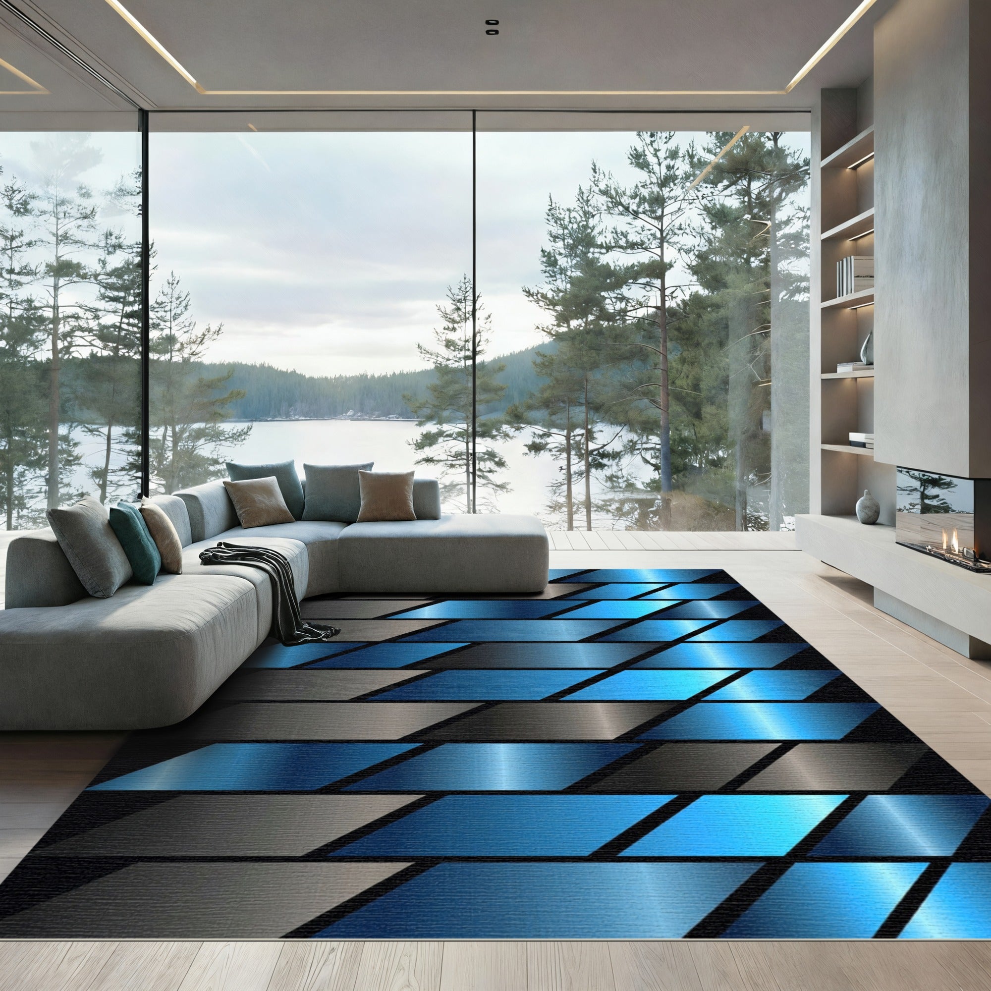 Deep Blue Silver Metallic Stripe Rug