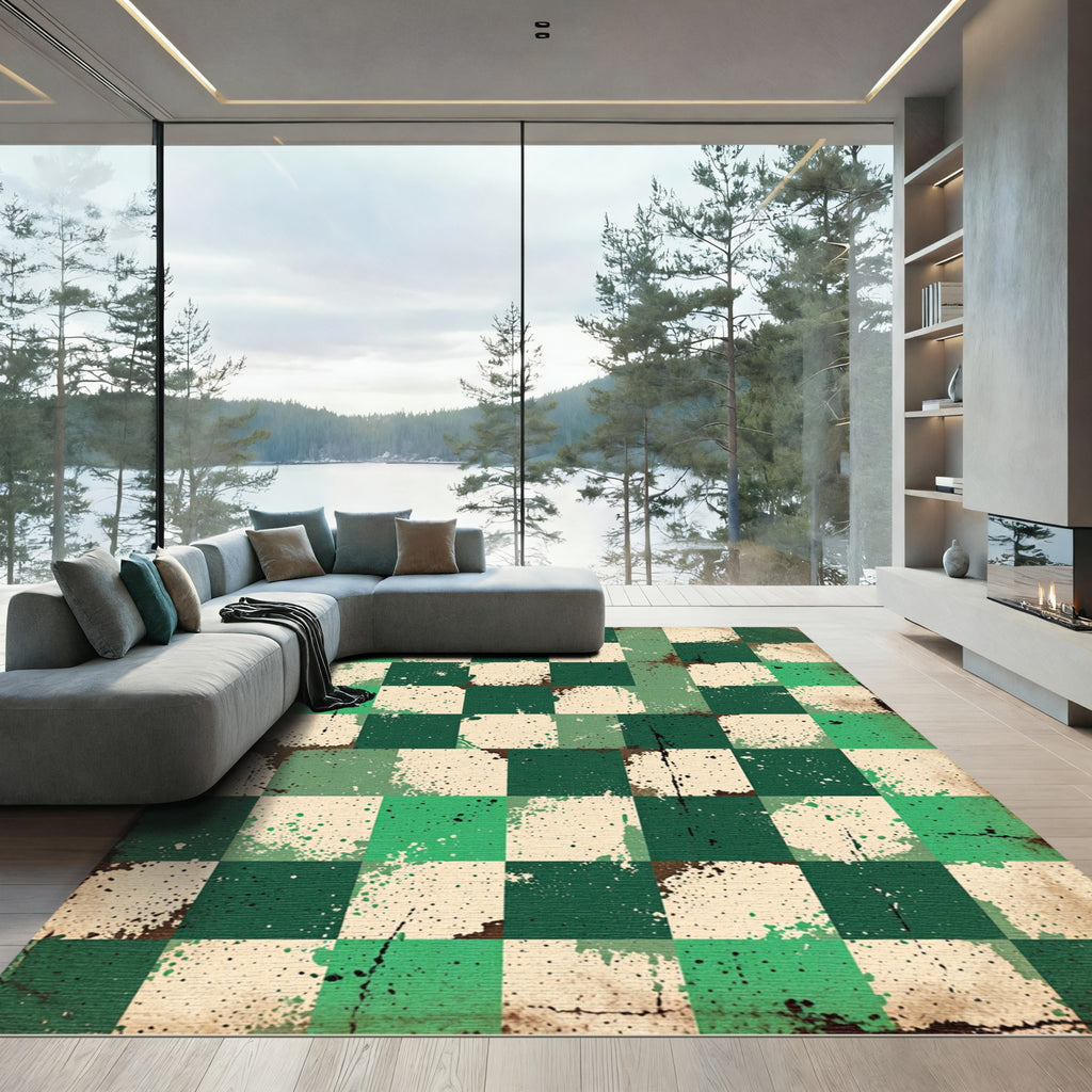 Vibrant Green Splatter Checkered Rug